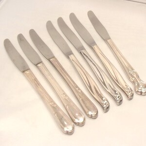 Puede incluir: Un juego de siete cuchillos plateados. Los cuchillos tienen una hoja lisa y brillante y un mango decorativo con dise&ntilde;os florales y de volutas. Los cuchillos est&aacute;n dispuestos en diagonal sobre una superficie blanca.