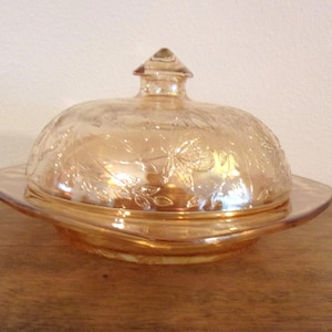 A Vintage Iridescent Marigold Jeanette Depression Large Round Glass Butter Dish with Lid  Floragold Louisa Pattern