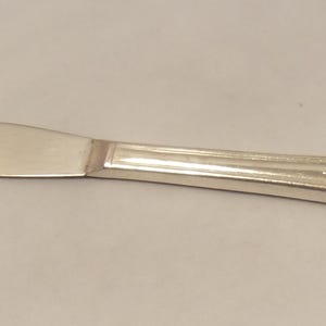 Puede incluir: Un cuchillo de mantequilla plateado con una hoja redondeada y un mango decorativo. El mango presenta un dise&ntilde;o floral ornamentado. El cuchillo est&aacute; hecho de un metal brillante y reflectante, probablemente acero inoxidable.