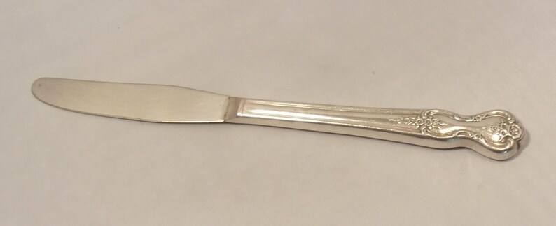 Puede incluir: Un cuchillo de mantequilla plateado con una hoja redondeada y un mango decorativo. El mango presenta un dise&ntilde;o floral ornamentado. El cuchillo est&aacute; hecho de un metal brillante y reflectante, probablemente acero inoxidable.