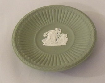 Miniature Green Wedgwood Jasperware England  Muses or Nymphs Fluted Molded Rim 3"