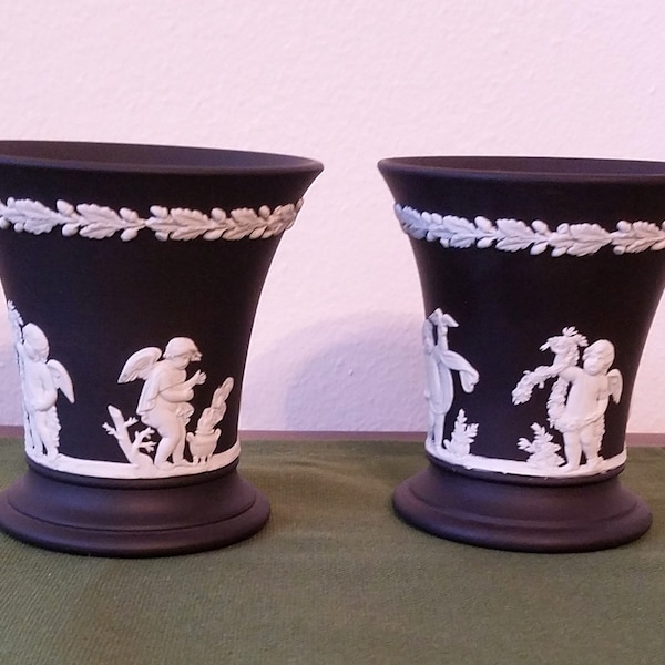 Pair of Black Basalt Wedgwood Jasperware Vases with White Motif Medallions of Cherubs and Oak Leaves - Made in England  3 1/2" Tall.