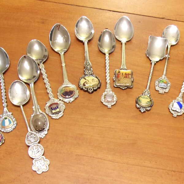 Mixed Lot 13 Souvenir Spoons Silver Metal Teaspoons Varied Subjects Locations