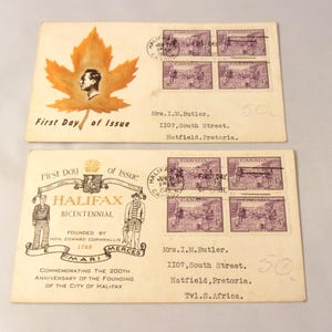 Two First Day Covers Halifax Bicentennial 1949  Ephemera  Block Stamp Collecting Maple Leaf Canada Philatelist Collector