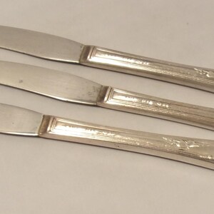 Puede incluir: Tres cuchillos de mantequilla plateados con hojas redondeadas y mangos ornamentados. Los cuchillos est&aacute;n dispuestos en diagonal, mostrando sus superficies pulidas y detalles decorativos.