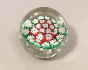 A Heavy Studio Art Glass Paperweight Hexagonal Geometric Shape with Red Green Millefiori and Glitter Design