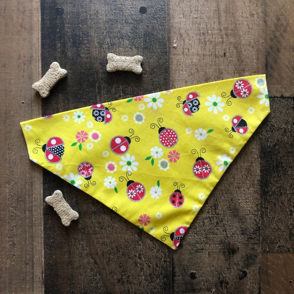 Ladybug Flower Dog bandana, Cat Bandana, Spring bandana, cotton bandana-slip over the collar-snap on-personalized, Personalized with Name