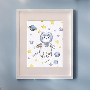Floating Space Cat Wandkunst - Süße Astronauten Katze Druck - Weltraum Kinderzimmer Dekor - Wunderliche Sternengalaxie Illustration fürs Kinderzimmer