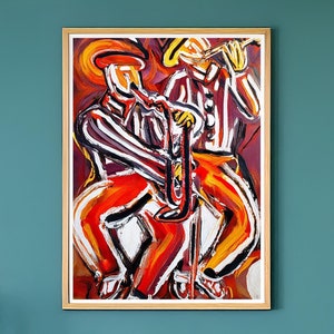 Stampa artistica di musicisti jazz astratti - Dipinto audace di sassofono e tromba - Opera d&#39;arte espressionista vibrante per gli amanti della musica e dell&#39;arte