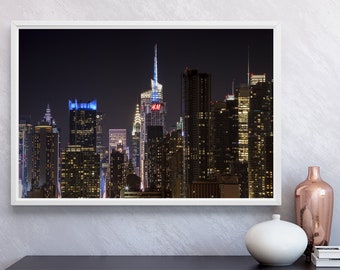 Manhattan Skyline Night, New York Skyline Print, New York Architecture Photography, Manhattan Poster, Modern Architecture Wall Art Printable