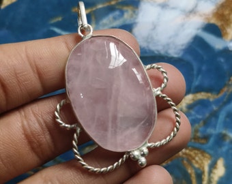 Designer Rose quartz Pendant 925 Sterling Silver Necklace Pink quartz Pendant Handmade Jewelry Gemstone Pendant Statement Pendant For Wife