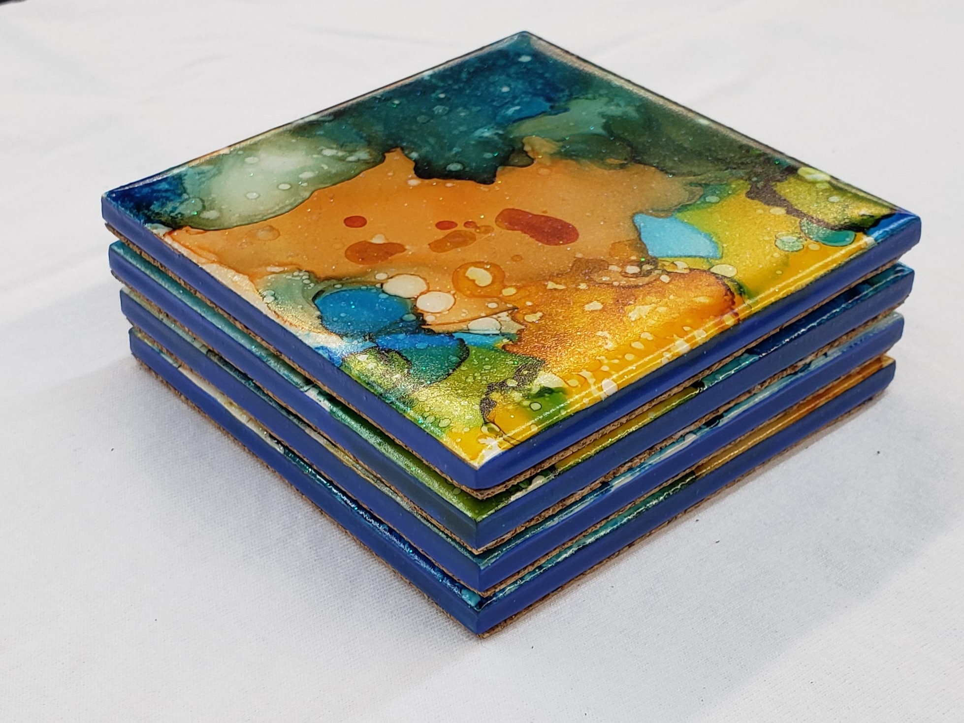 4 Piece Coaster Set Handmade Orange and Blue Etsy