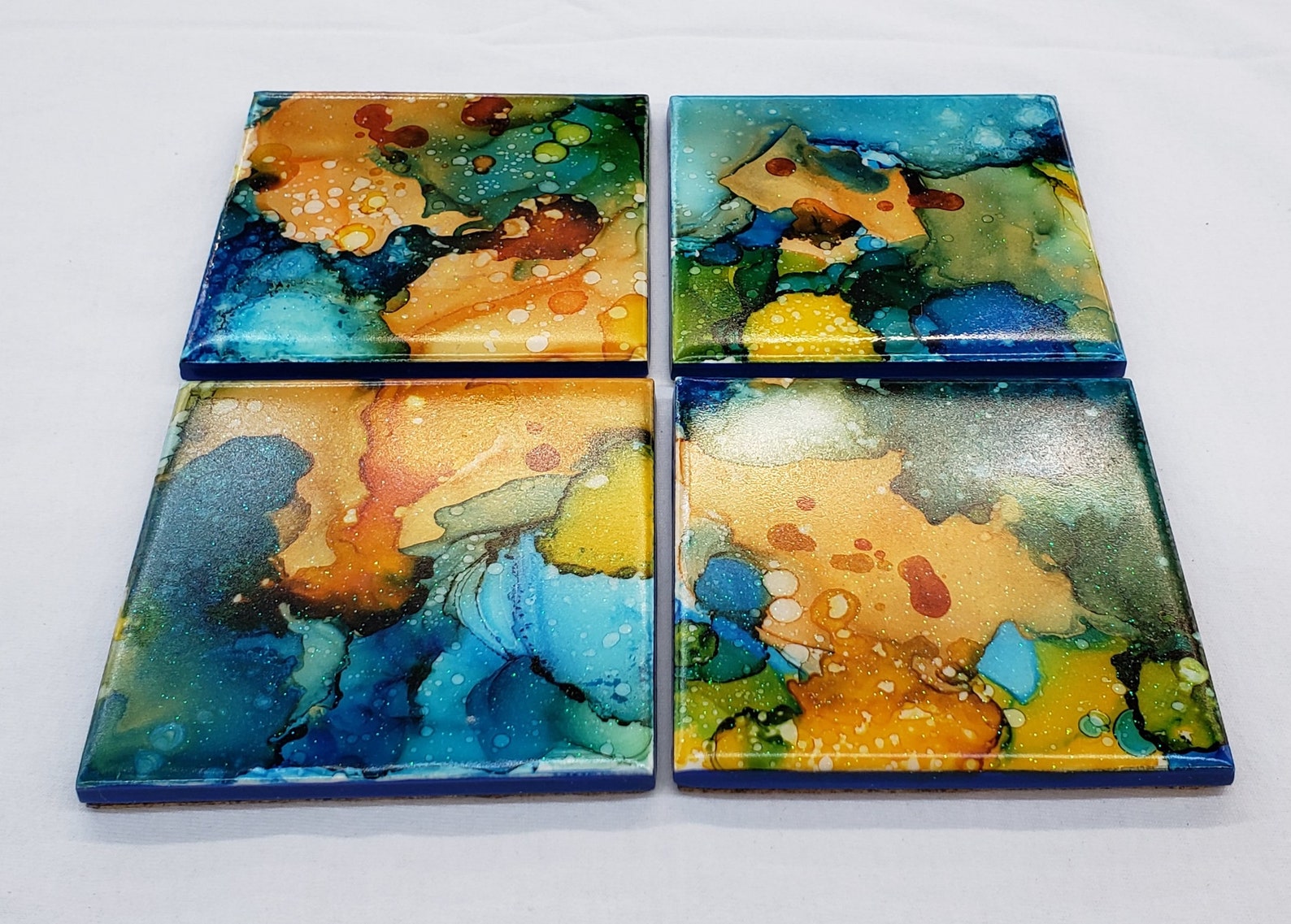 4 Piece Coaster Set Handmade Orange and Blue Etsy