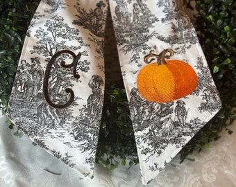 personalized Halloween black toile wreath sash for front door, custom monogrammed fall  porch decor, gift for wedding, housewarming