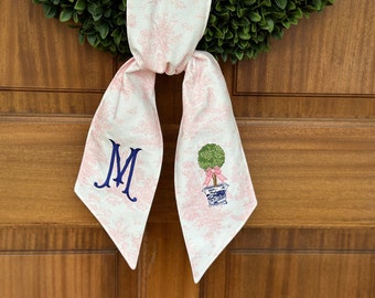 personalized pink spring toile wreath sash for front door, custom chinoiserie topiary monogram wreath scarf, hostess gift swag