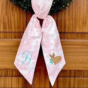 personalized pink toile wreath sash for front door, custom chinoiserie Spring monogram swag, traditional decor gifts for newlyweds