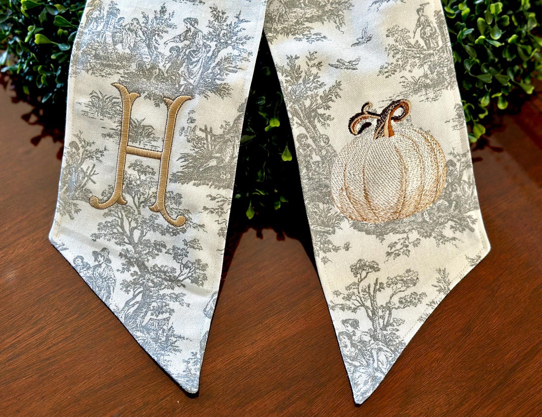 Custom Toile Wreath Sash: Monogrammed Pumpkin Swag, Fall Porch Decor