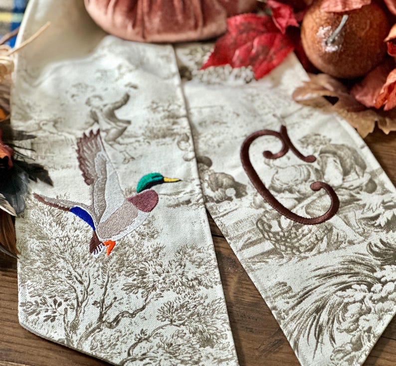 Monogrammed Taupe Toile Mallard Duck Wreath Sash: Grandmillennial Bird Decor