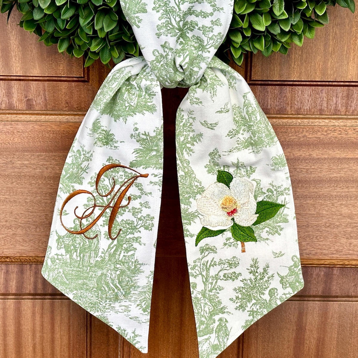 Personalized Magnolia Wreath Sash: Green Toile Monogrammed Door Swag