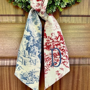 Personalized patriotic chinoiserie wreath sash, custom monogram shower gift, blue and white porch decor, wedding and new home gift