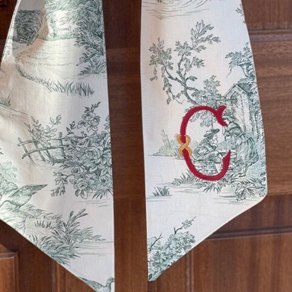 personalized green chinoiserie wreath sash for front door, monogrammed wreath sash, stocking stuffer for Mom, Christmas gifts for newlyweds