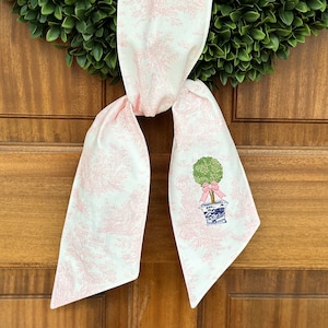 personalized pink spring toile wreath sash for front door, custom chinoiserie topiary heart  monogram scarf, Valentine hostess gift swag