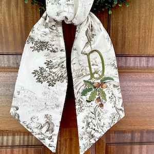 Custom acorn monogram swag, Personalized taupe toile Thanksgiving wreath sash, Grandmillenial style fall decor, Elegant autumn bow