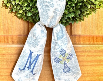 Custom pale blue Easter cross wreath sash, personalized baptism toile swag, monogrammed grandmillennial wreath scarf gift for baby shower