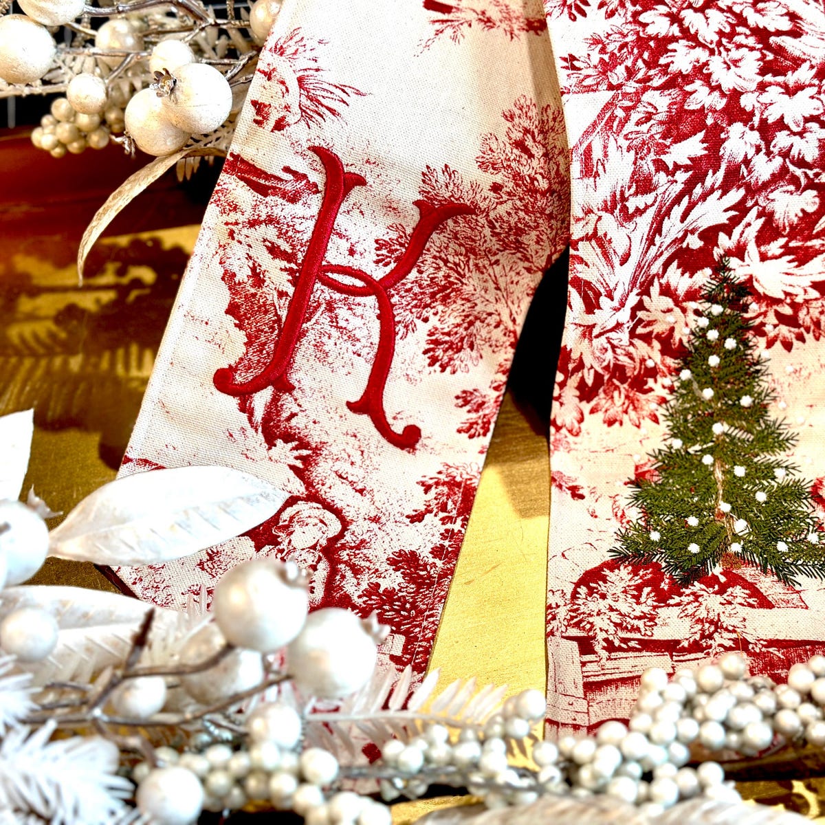 Red Toile Holiday Wreath Sash for Front Door