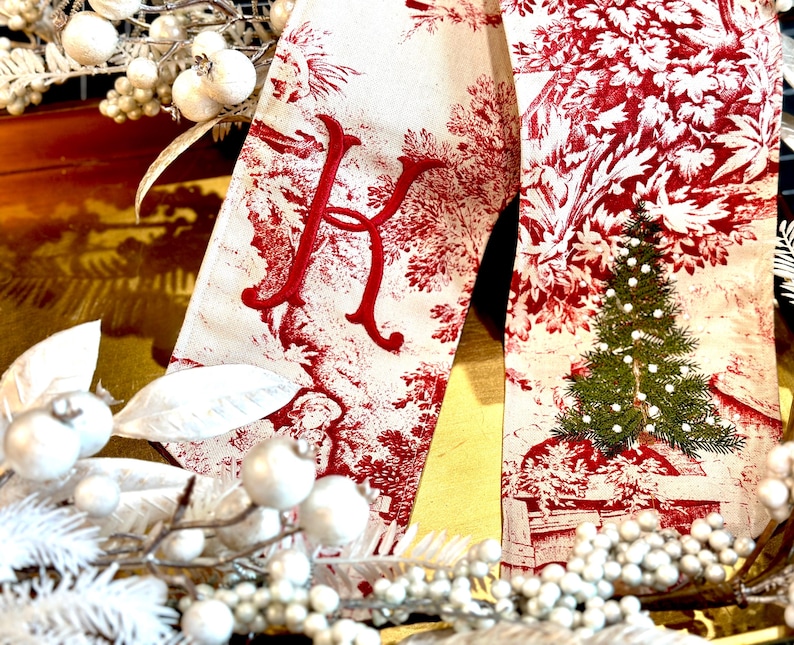 Red Toile Christmas Wreath Sash: Custom Monogram Winter Swag