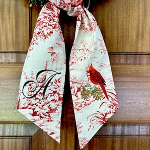 Cardinal red toile winter wreath sash, monogrammed winter front door swag, bereavement gift