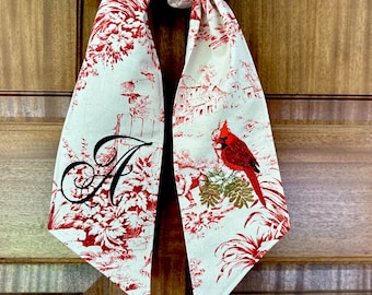 Cardinal red toile winter wreath sash, monogrammed winter front door swag, bereavement gift