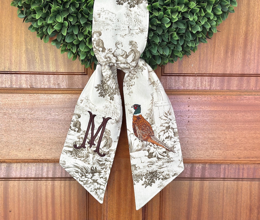 Personalized Taupe Toile Pheasant Wreath Sash: Grandmillennial Fall Decor - pheasant & monogram