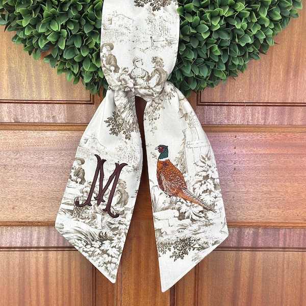 Personalized Taupe Toile Pheasant Wreath Sash: Grandmillennial Fall Decor