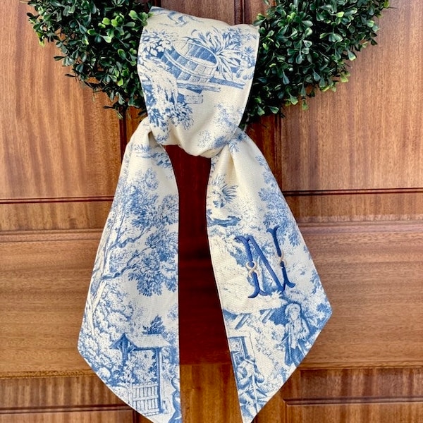 personalized chinoiserie wreath sash for front door, custom monogram shower gift, blue and white porch decor, wedding and bridal shower gift