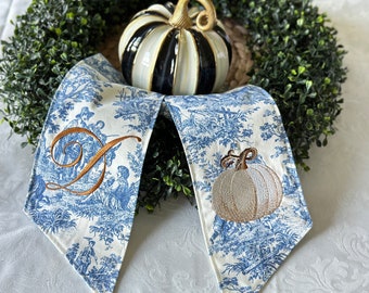 personalized autumn chinoiserie wreath sash for front door, elegant white pumpkin swag, housewarming gift, blue and white fall porch decor