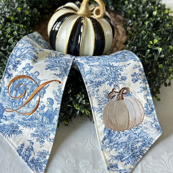 personalized autumn chinoiserie wreath sash for front door, elegant white pumpkin swag, housewarming gift, blue and white fall porch decor