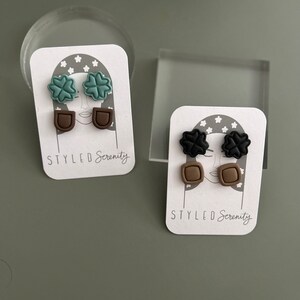 Blue, Tan, Black Bordered Stud Clay Earrings, Summer Vacation Jewelry, textured polymer clay, 14k gold plated stainless steel, neutral style