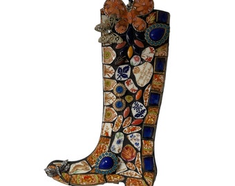 Mosaic wellington Boot Shape, Upcycled pique-assiette vintage mixed media, Handmade item eco-friendly home décor garden wall art decoration