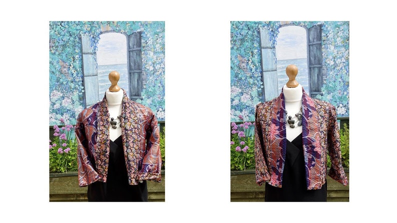 Vintage silk kantha jacket, Upcycled vintage silk fully reversible cropped jacket, Recycled eco-friendly bohemian silk kantha handmade item Size 10 jacket 2