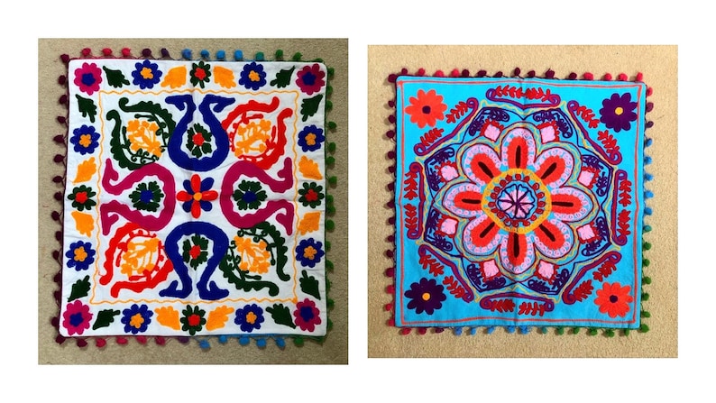 Suzani cushion covers, cotton floral hand embroidered, traditional bohemian colourful eco-friendly eclectic home décor cushion covers image 9