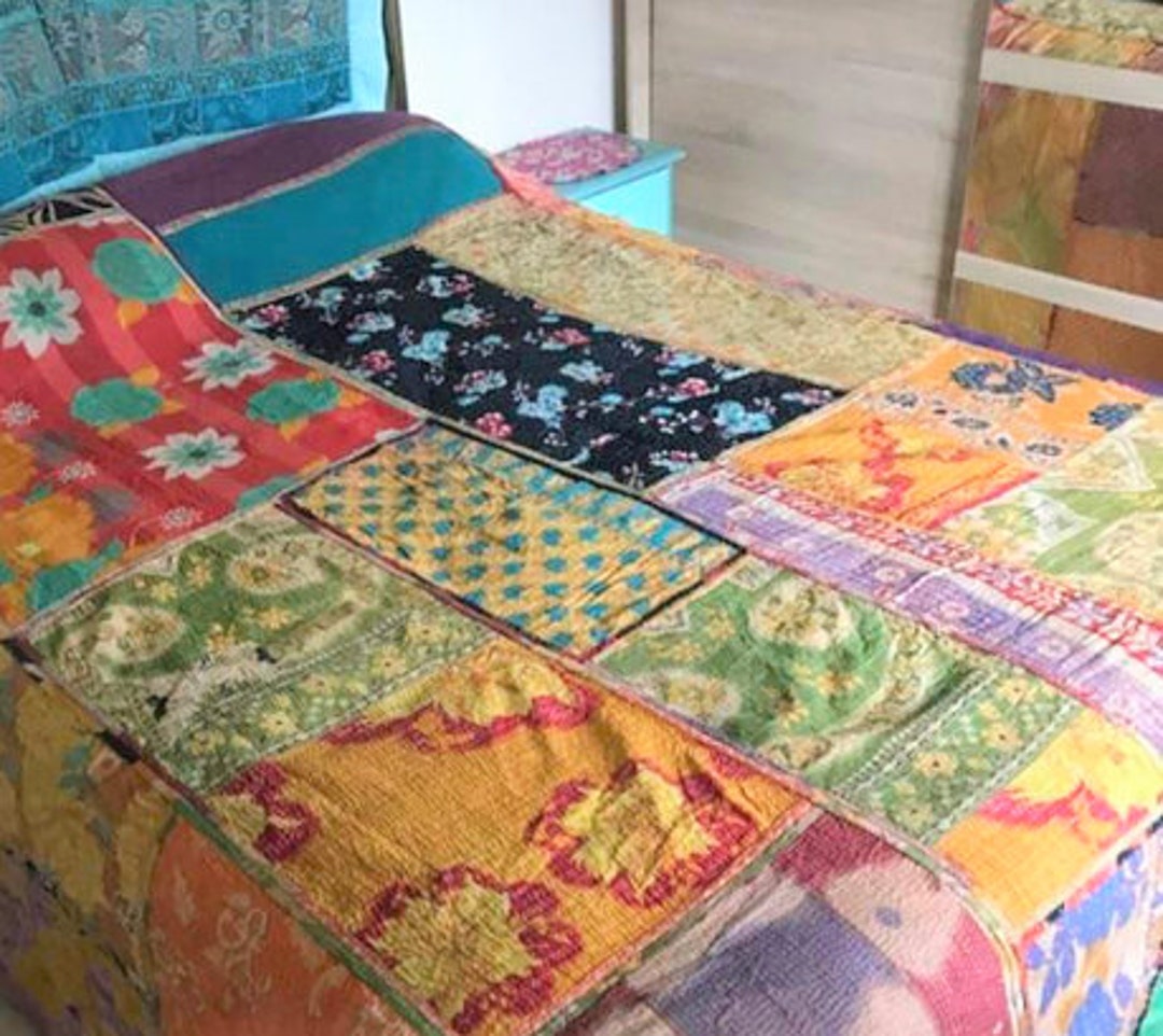 Vintage Patchwork Kantha Throw, Upcycled Handmade Fine Stitch Cotton ...