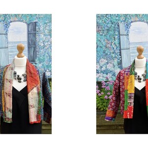 Vintage silk kantha jacket, Upcycled vintage silk fully reversible cropped jacket, Recycled eco-friendly bohemian silk kantha handmade item Size 12 jacket 1