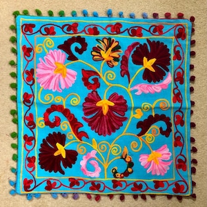 Suzani cushion covers, cotton floral hand embroidered, traditional bohemian colourful eco-friendly eclectic home décor cushion covers Turquoise/pink