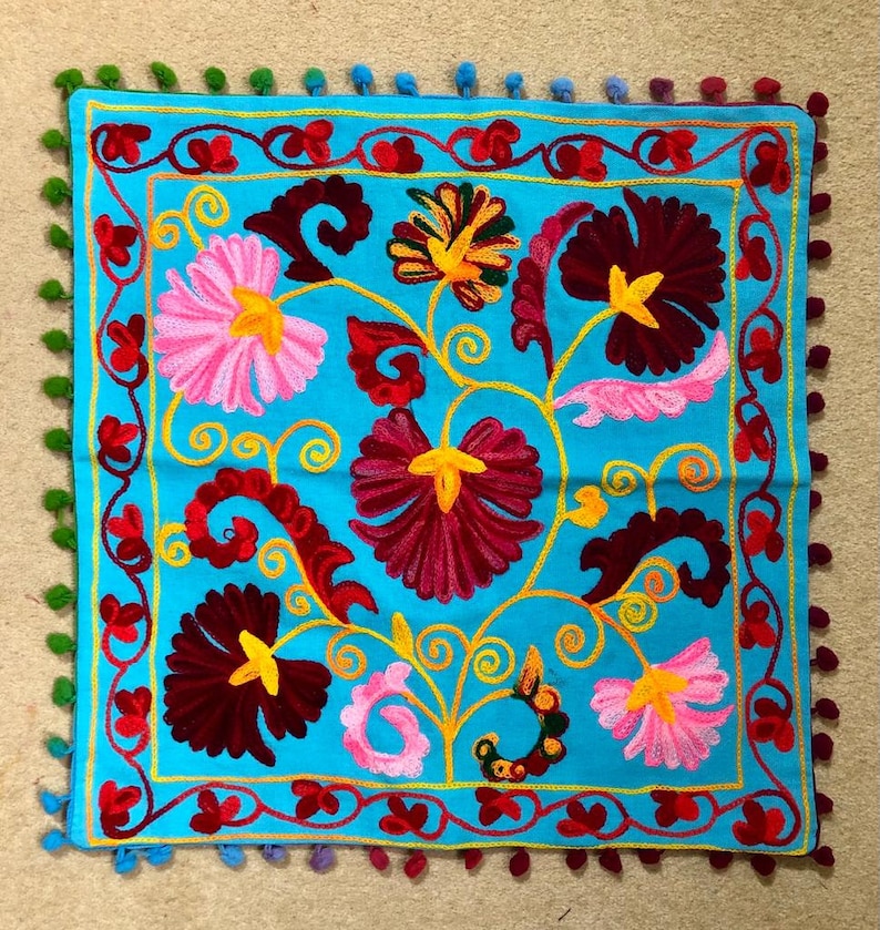 Suzani cushion covers, cotton floral hand embroidered, traditional bohemian colourful eco-friendly eclectic home décor cushion covers Turquoise/pink