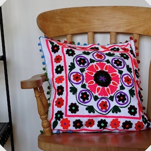 Suzani cushion covers, cotton floral hand embroidered, traditional bohemian colourful eco-friendly eclectic home décor cushion covers White/coral