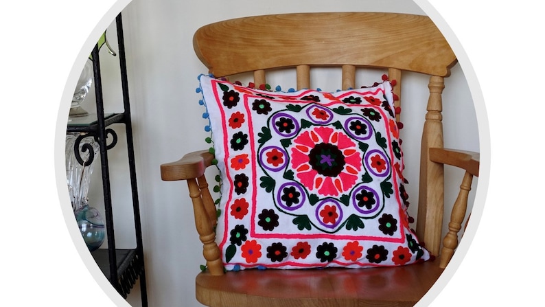 Suzani cushion covers, cotton floral hand embroidered, traditional bohemian colourful eco-friendly eclectic home décor cushion covers White/coral