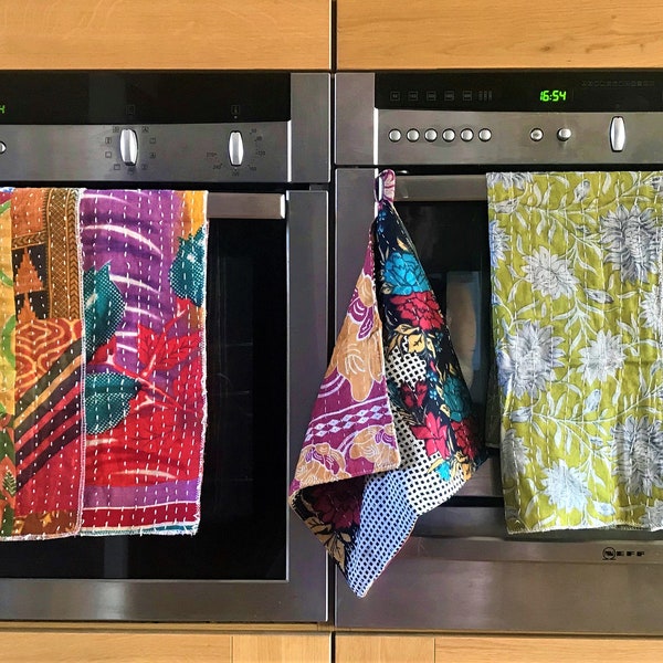 Upcycled kitchen towel, Vintage recycled handmade cotton kantha tea towel, Colourful absorbent bohemian eclectic home décor handmade item