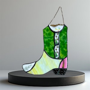 Cowboy Boot Suncatcher, Mixed media Country western home décor, Hanging Window wall Art Decoration, Vintage crockery stained glass ornament