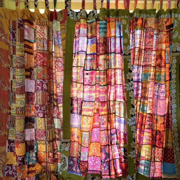 Vintage kantha patchwork curtain, Upcycled cotton recycled eclectic home décor, Bohemian eco-friendly drapes, handmade hanging wall art